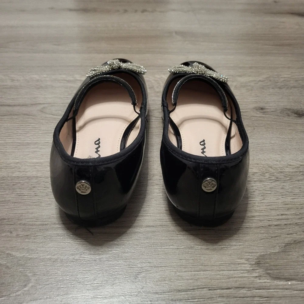 Nina Kids Black Patent Mary Jane Rhinestone Bow Flats Dressy Glossy Shoes 2
